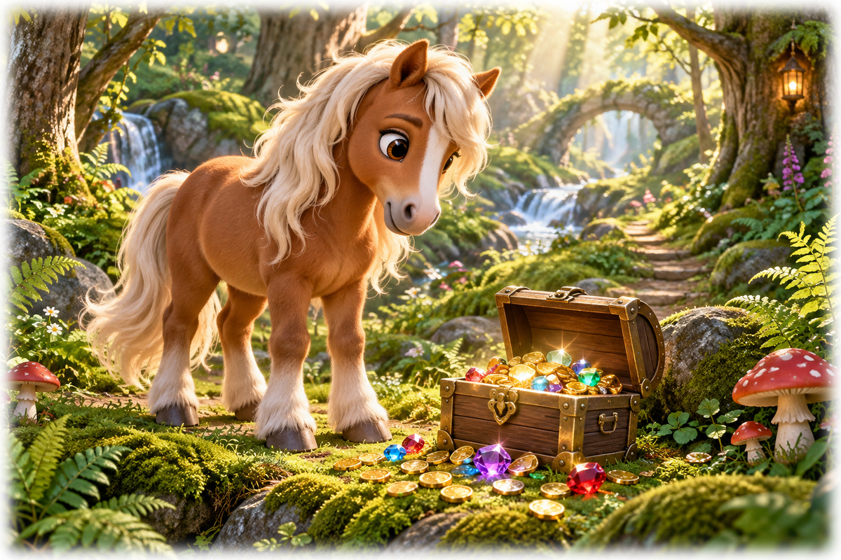Motiv: Abenteuerpony mit Schatztruhe – Kinder-Hoodie – KI-gestaltetes Pferdemotiv