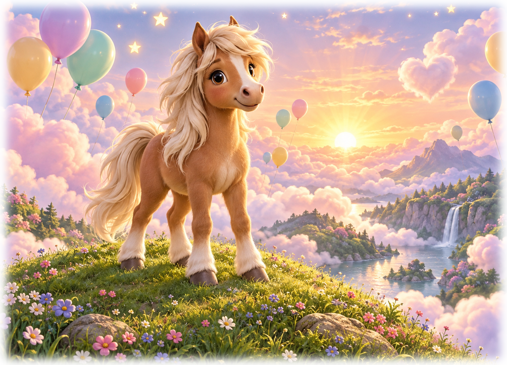 Motiv: Wolkenpony mit bunten Ballons – Kinder-Pullover – KI-gestaltetes Pferdemotiv