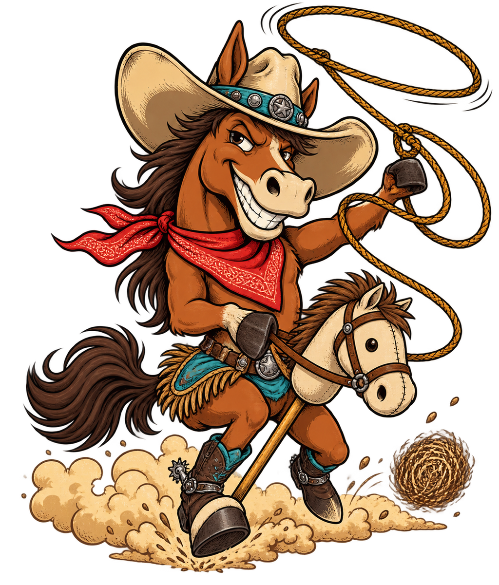 Motiv: Cowboy auf dem Steckenpferd – Kleinkind-T-Shirt – KI-gestaltetes Pferdemotiv