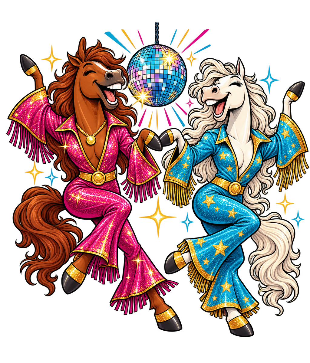 Motiv: Disco-Pferde im Glitzeranzug – Kinder-Pullover – KI-gestaltetes Pferdemotiv