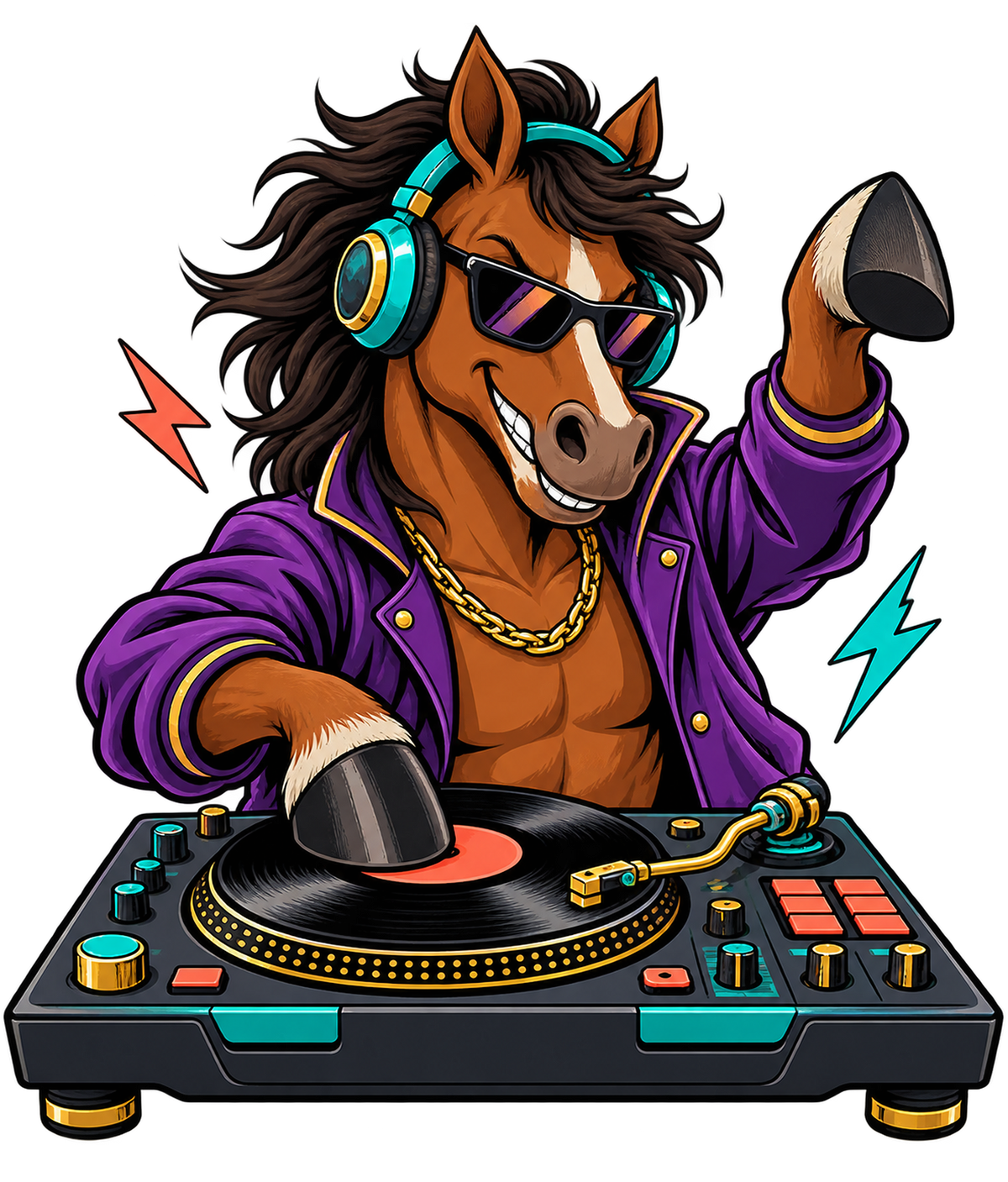 Motiv: DJ-Pferd am Plattenspieler – Kleinkind-T-Shirt – KI-gestaltetes Pferdemotiv