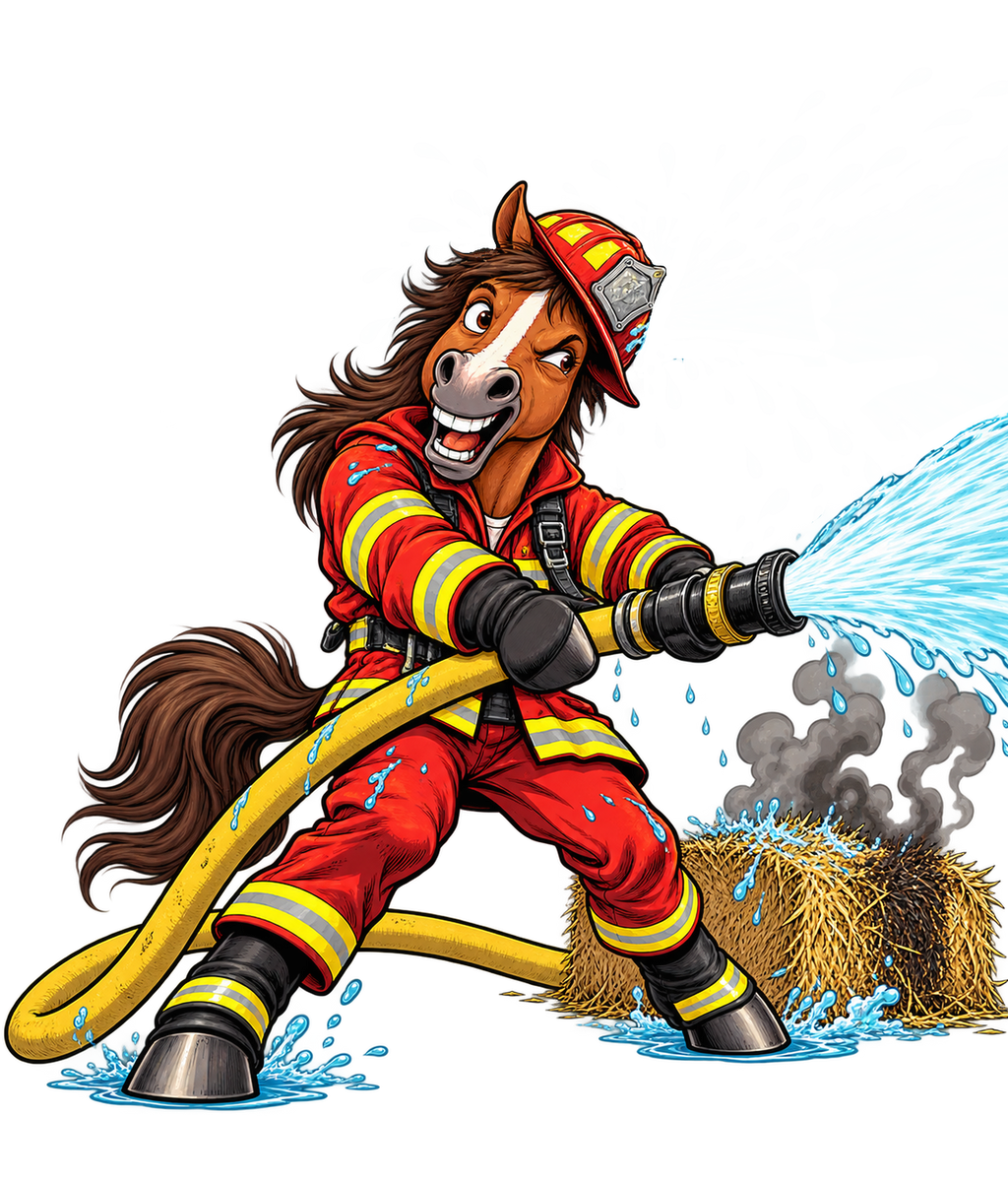 Motiv: Feuerwehr-Pferd im Einsatz – Bio-T-Shirt Herren – KI-gestaltetes Pferdemotiv