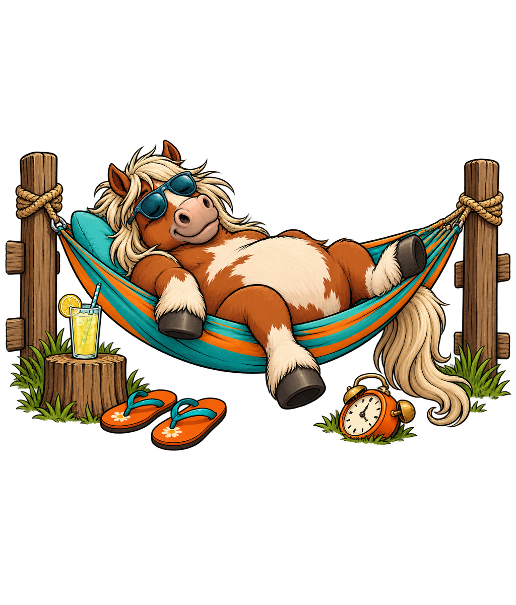 Motiv: Urlaubs-Pony in der Hängematte – Kinder-Pullover – KI-gestaltetes Pferdemotiv