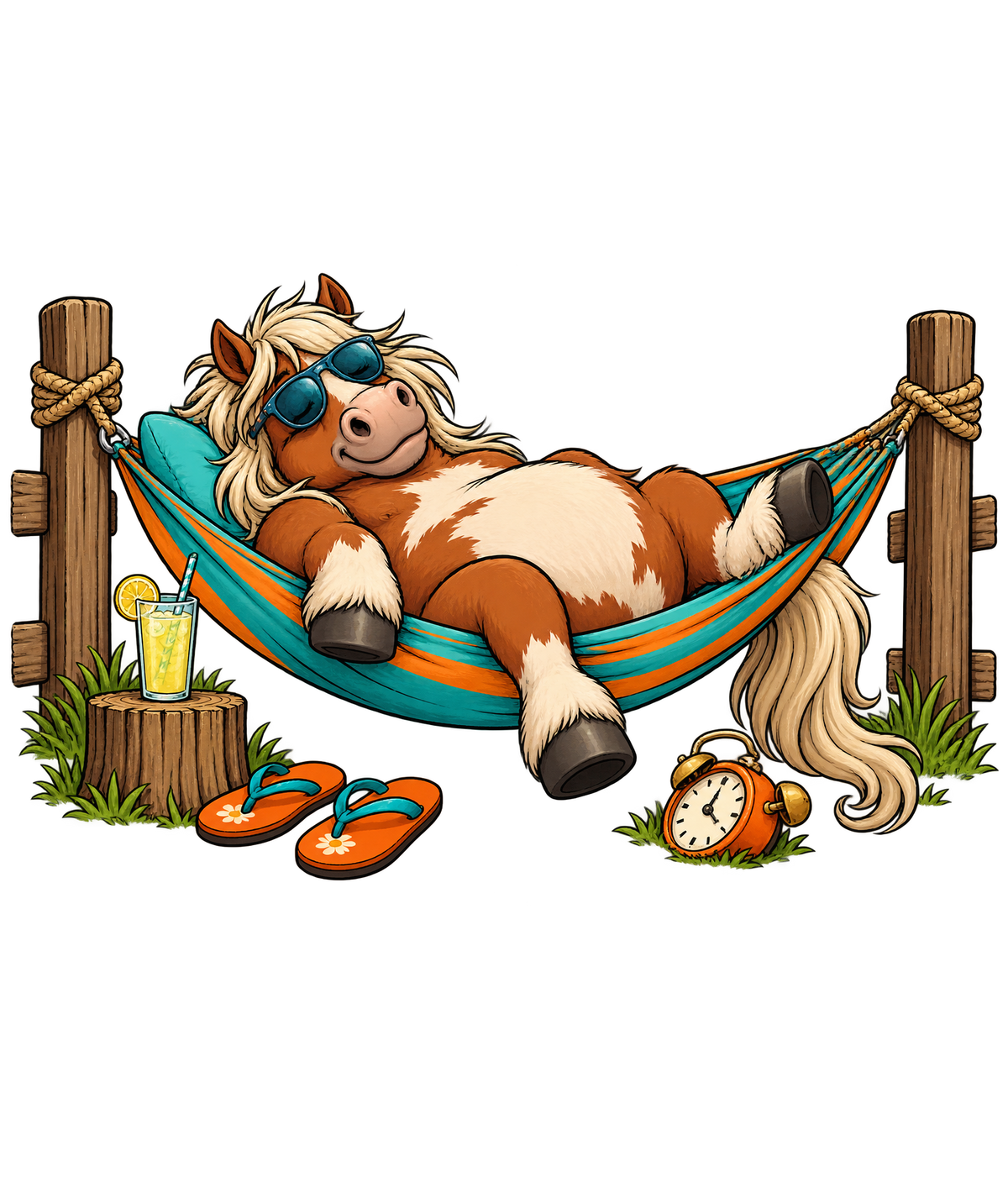 Motiv: Urlaubs-Pony in der Hängematte – Kinder-Pullover – KI-gestaltetes Pferdemotiv