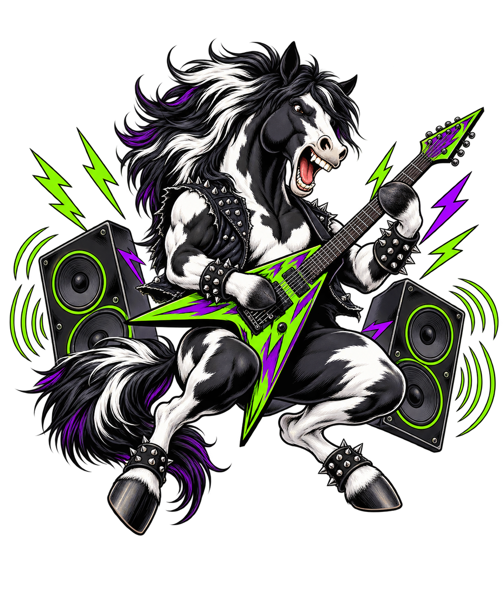 Motiv: Heavy-Metal-Pferd mit Gitarre – Kinder-Pullover – KI-gestaltetes Pferdemotiv