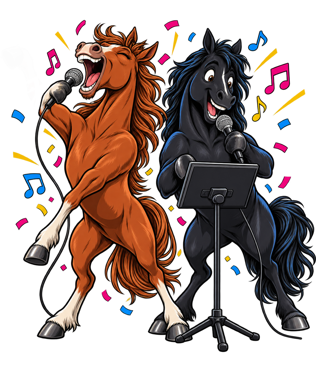 Motiv: Karaoke-Pferde singen um die Wette – Hoodie – KI-gestaltetes Pferdemotiv