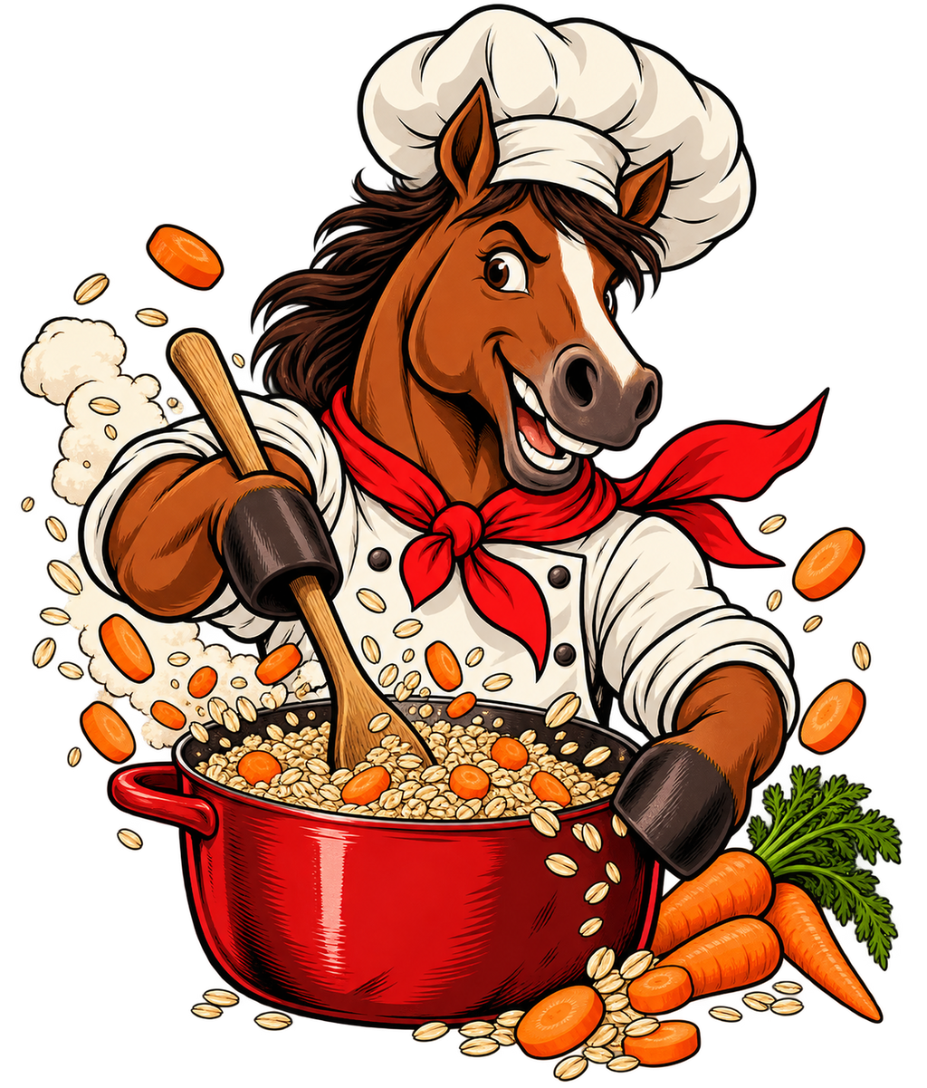 Motiv: Koch-Pferd mit Möhreneintopf – Kinder-Pullover – KI-gestaltetes Pferdemotiv