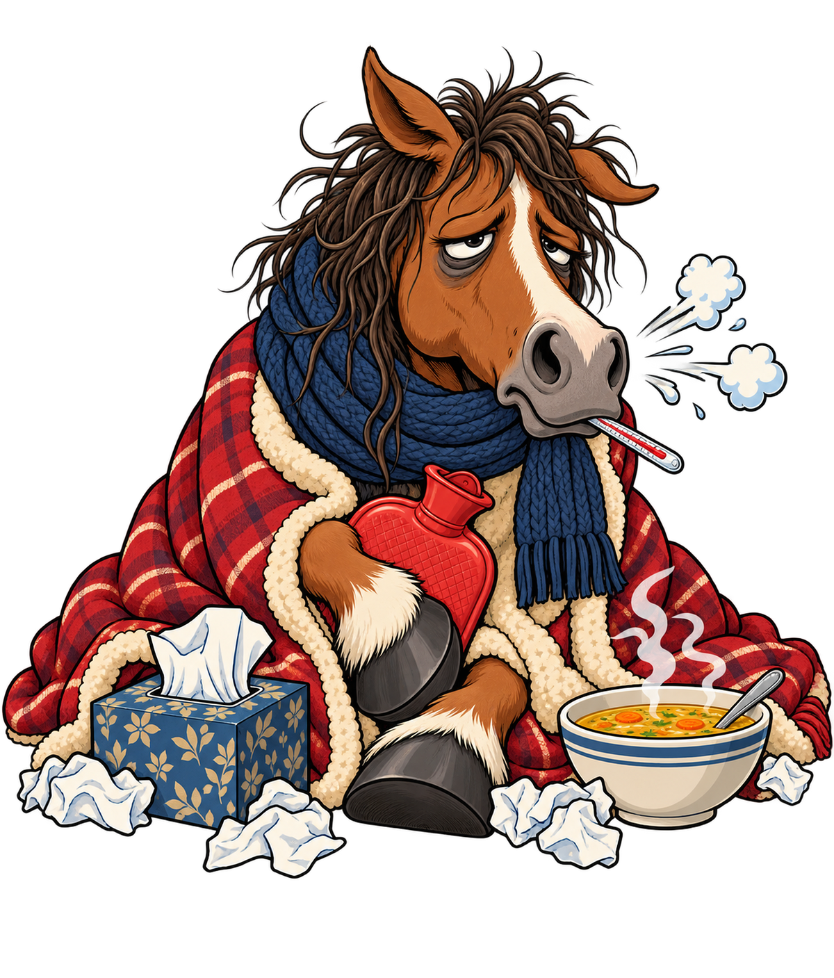 Motiv: Erkältetes Pferd mit Suppe – Kinder-Hoodie Tee Jays – KI-gestaltetes Pferdemotiv