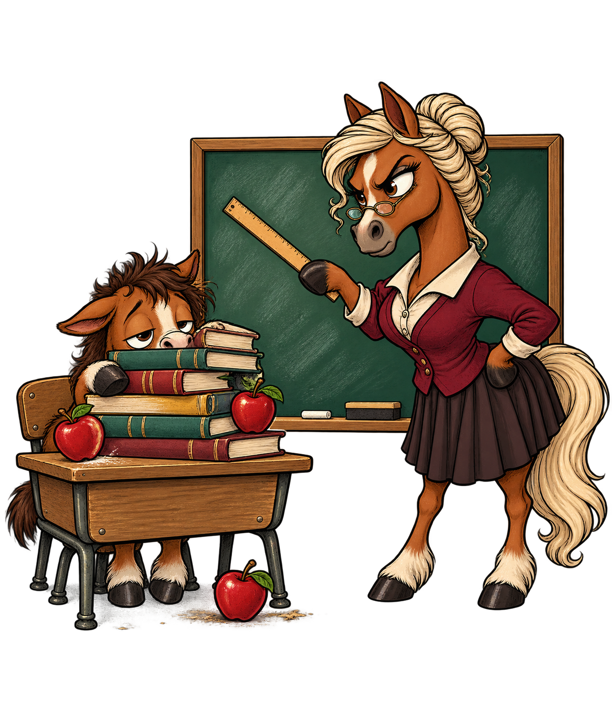 Motiv: Lehrerin-Stute und Schüler – Kinder-Pullover – KI-gestaltetes Pferdemotiv