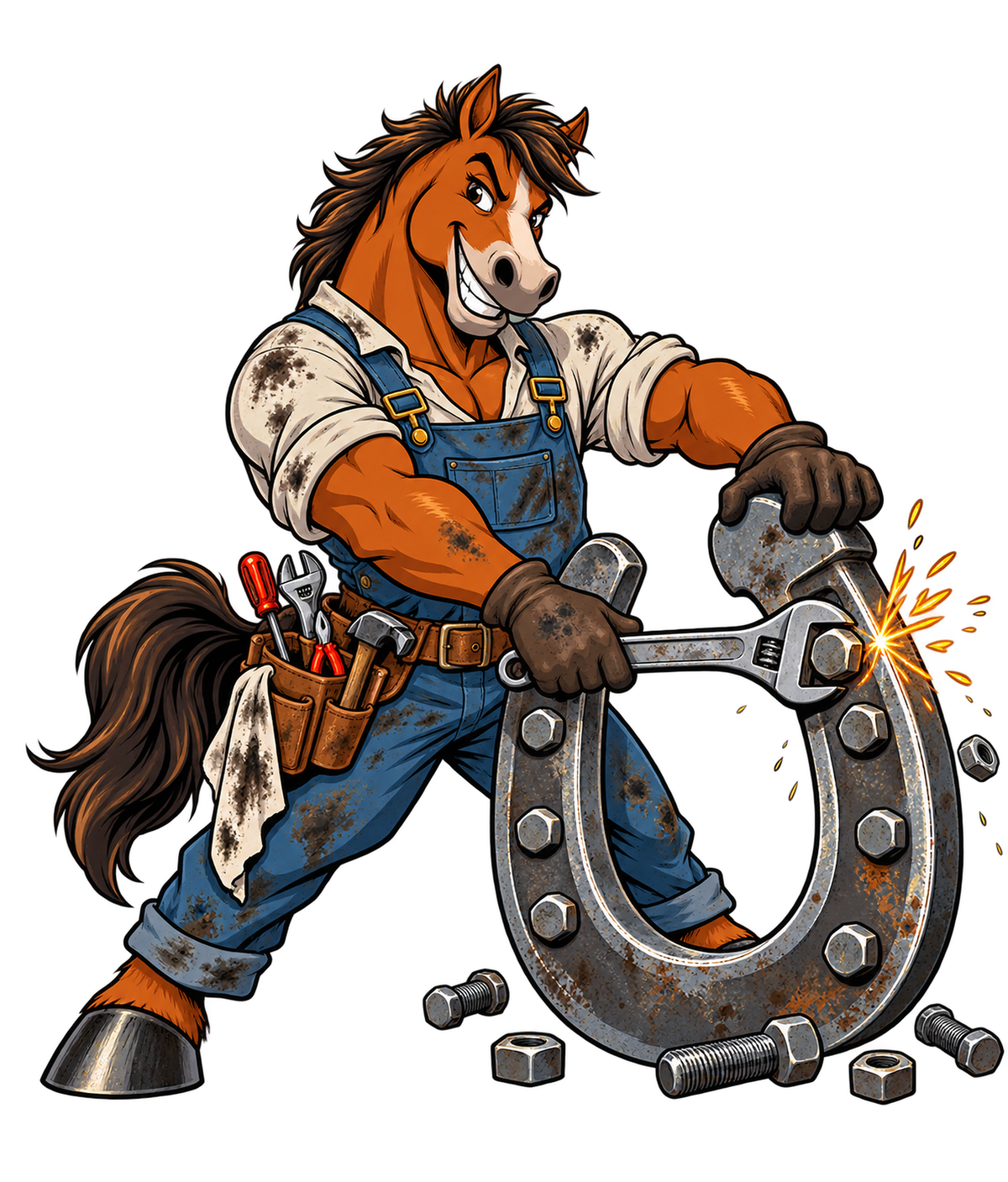 Motiv: Mechaniker-Pferd mit Riesenhufeisen – Kinder-Pullover – KI-gestaltetes Pferdemotiv