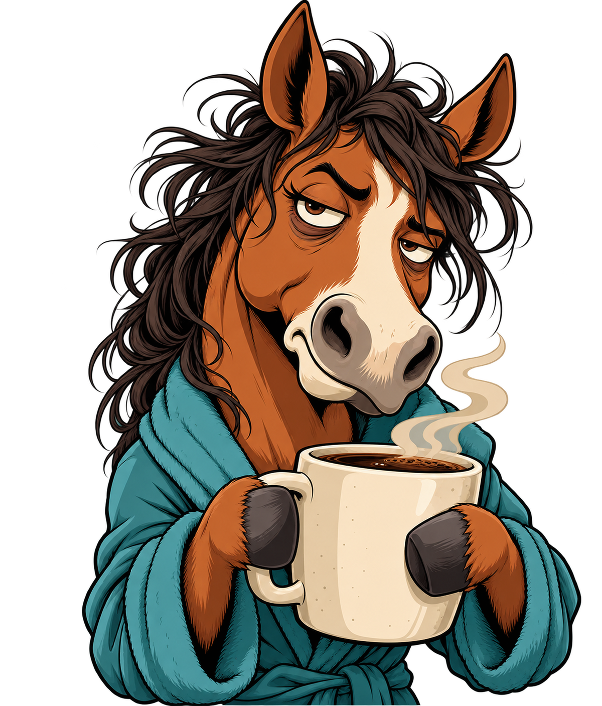 Motiv: Morgenmuffel-Pferd mit Kaffee – Bio-T-Shirt Herren – KI-gestaltetes Pferdemotiv