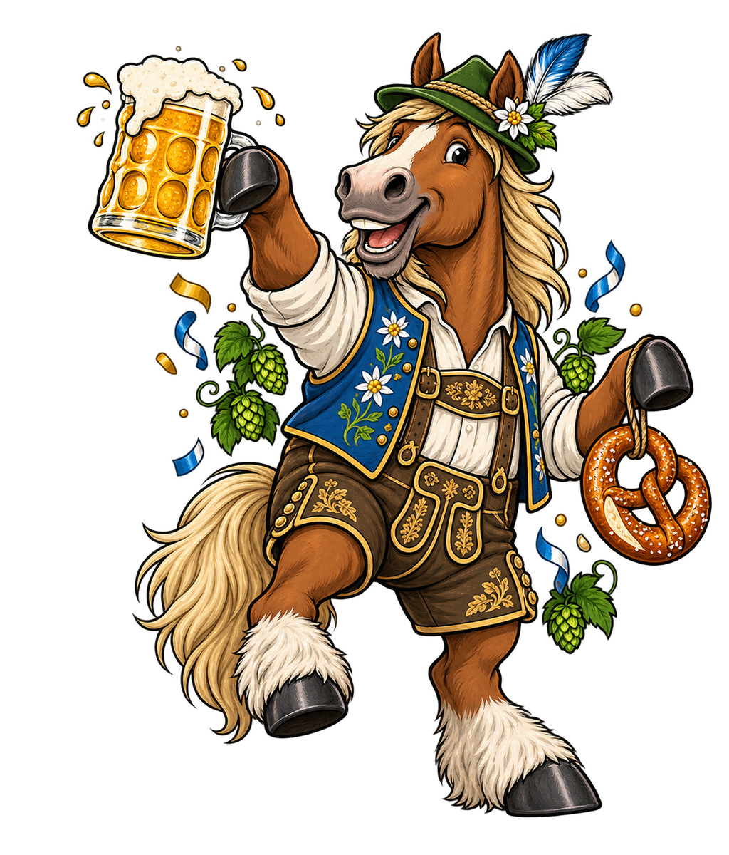 Motiv: Oktoberfest-Pferd mit Bier und Brezel – Bio-T-Shirt Herren – KI-gestaltetes Pferdemotiv