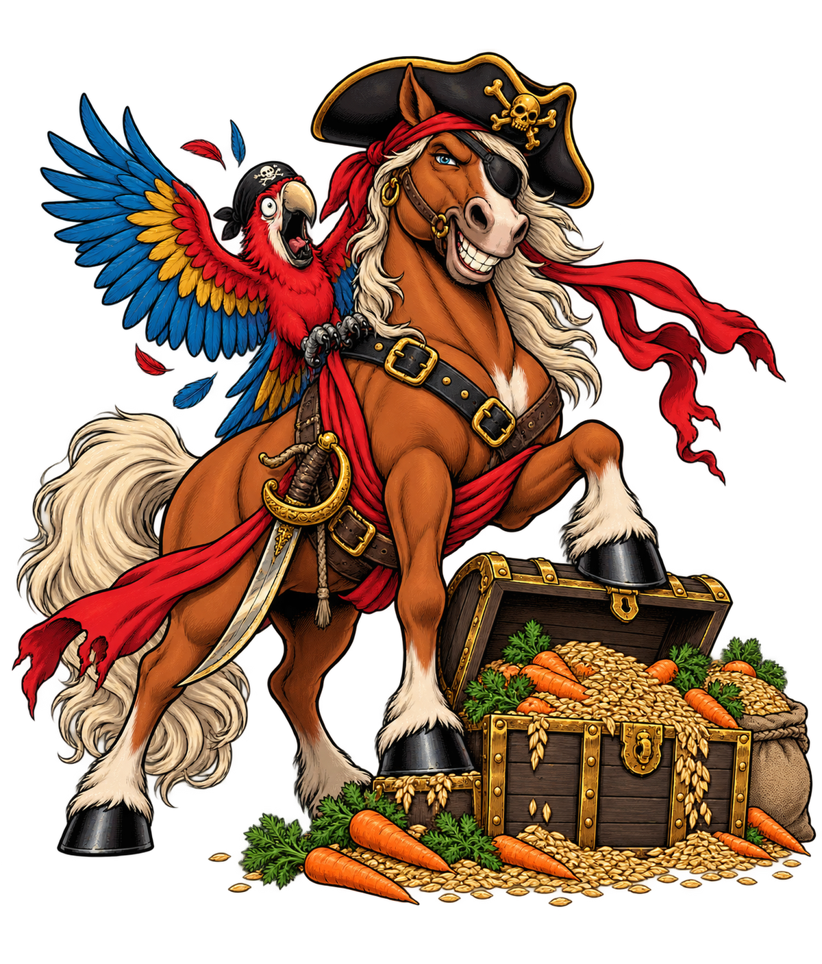 Motiv: Piratenpferd mit Schatz und Papagei – Kleinkind-T-Shirt – KI-gestaltetes Pferdemotiv