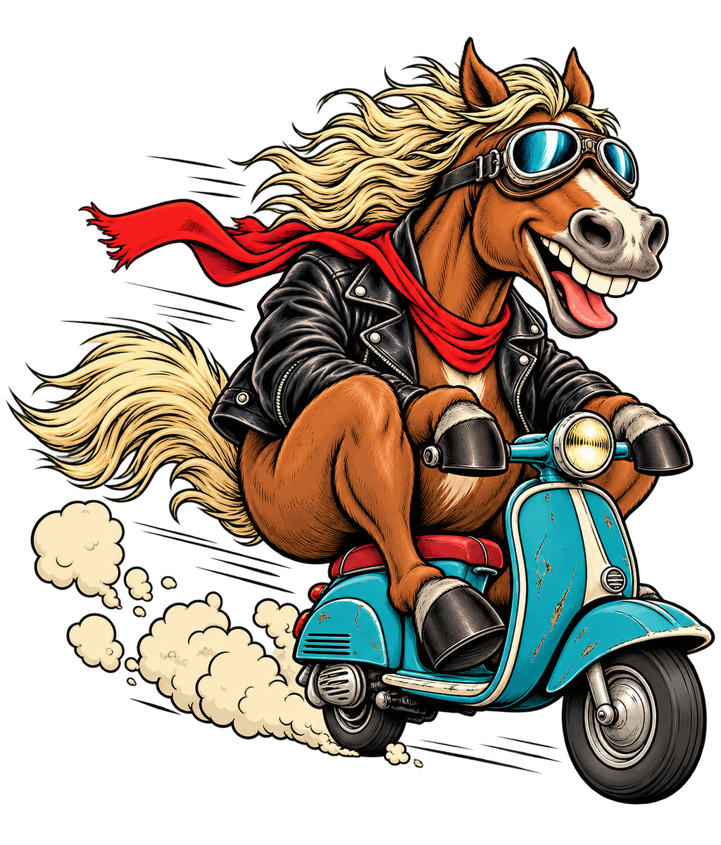 Motiv: Rocker-Pferd auf dem Motorroller – Hoodie – KI-gestaltetes Pferdemotiv