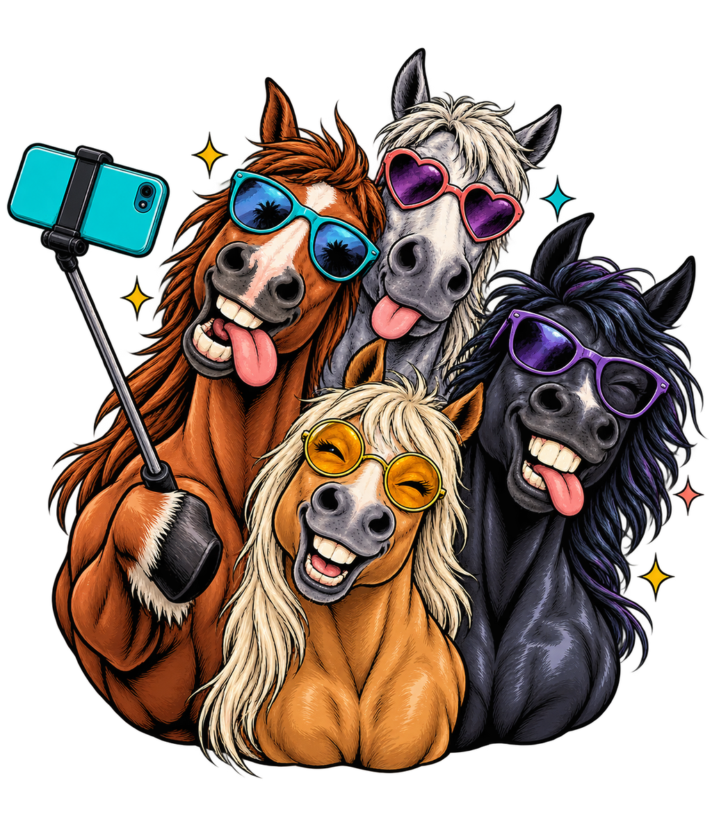 Motiv: Selfie-Pferde mit Sonnenbrillen – T-Shirt – KI-gestaltetes Pferdemotiv