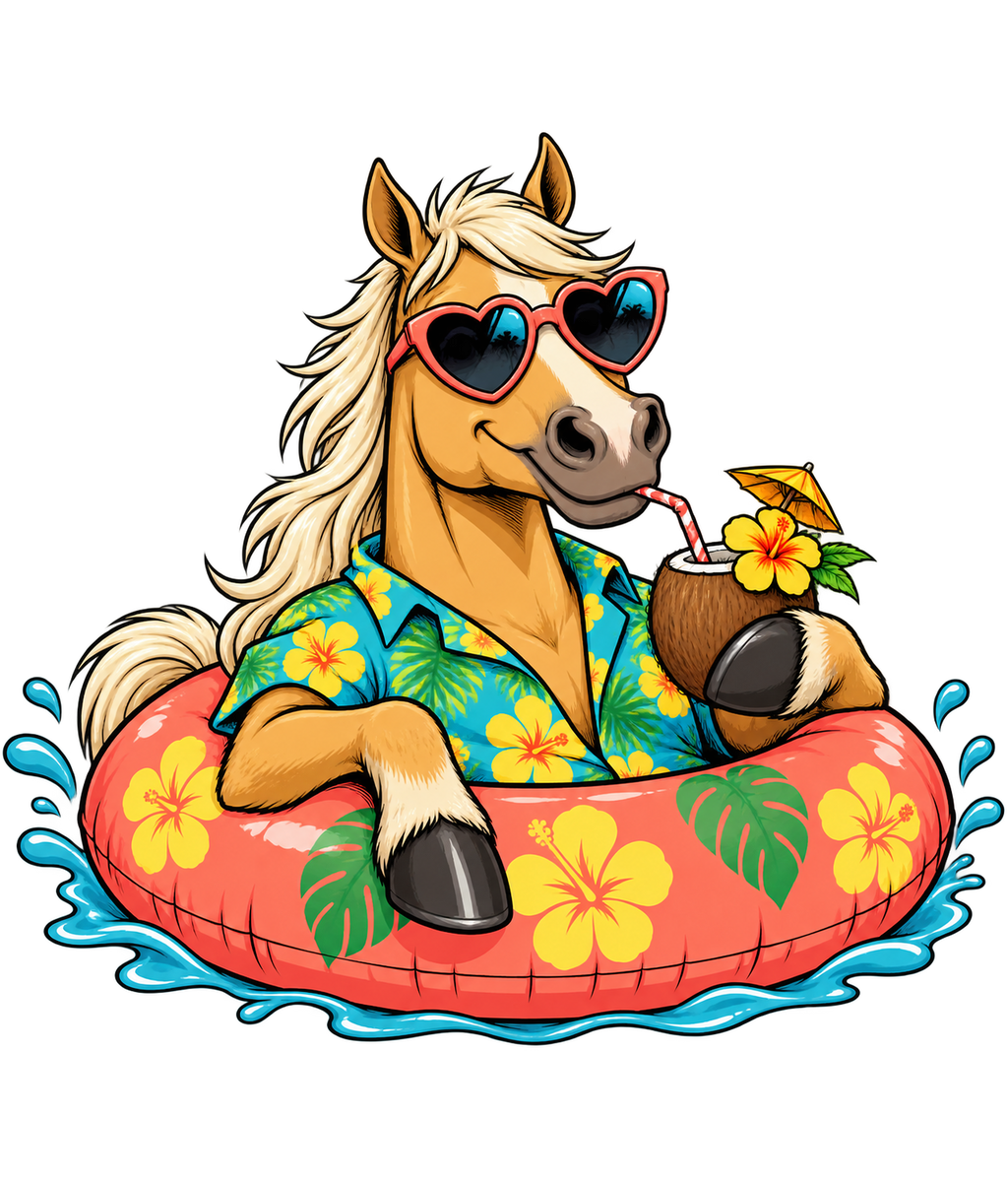 Motiv: Sommer-Pferd im Schwimmreifen – Hoodie – KI-gestaltetes Pferdemotiv
