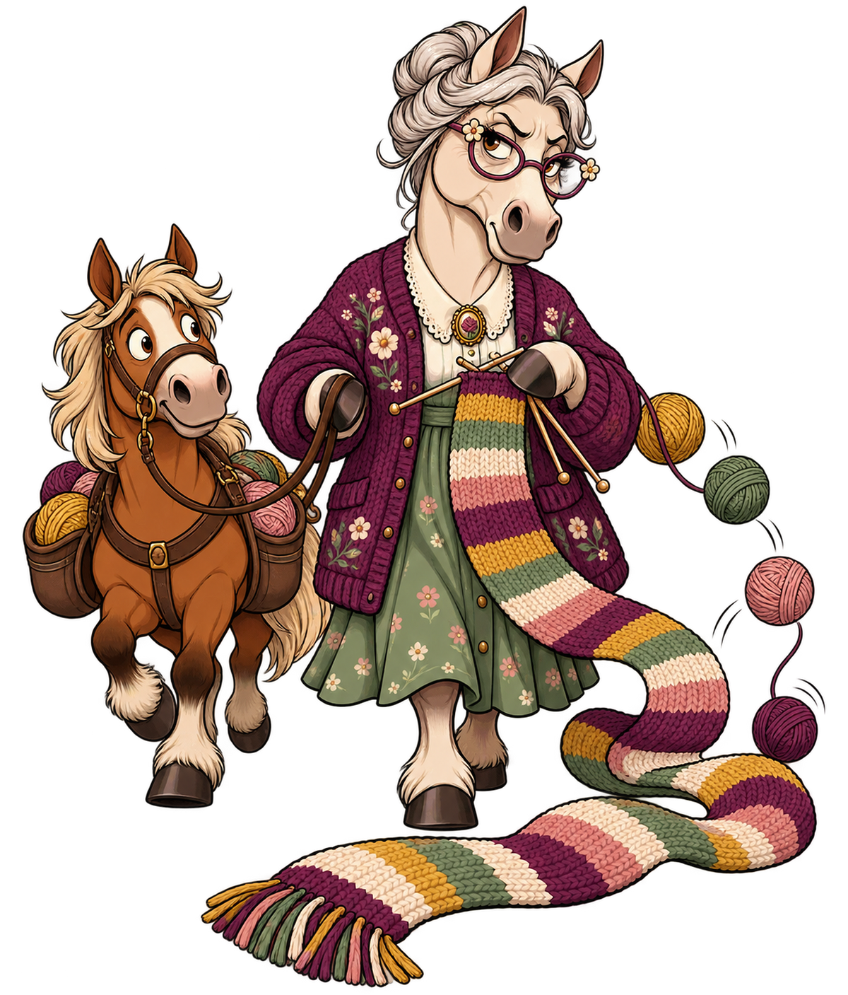 Motiv: Strickende Oma-Stute mit Pony – Hoodie – KI-gestaltetes Pferdemotiv