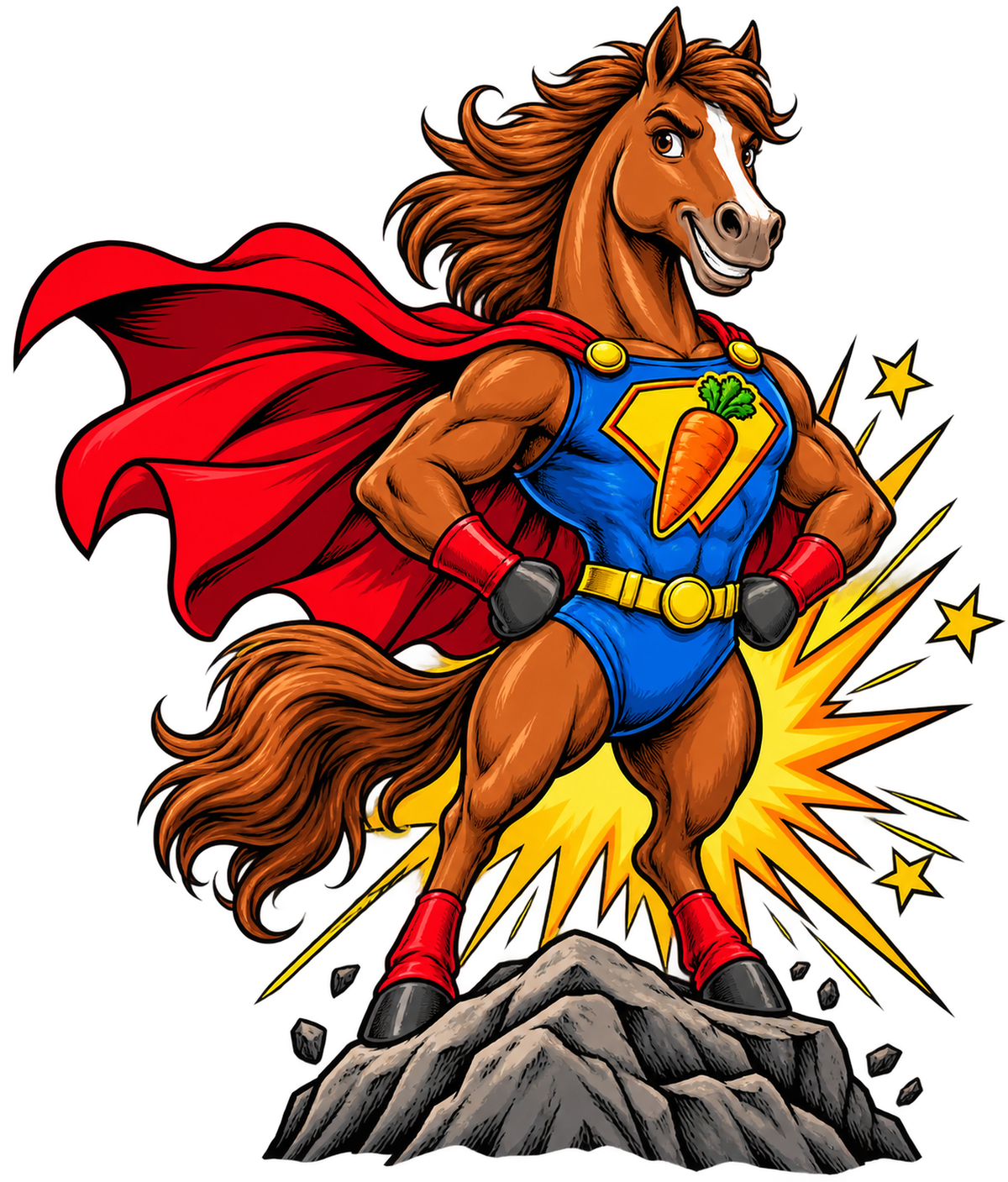 Motiv: Superhelden-Pferd mit Möhren-Emblem – Hoodie – KI-gestaltetes Pferdemotiv