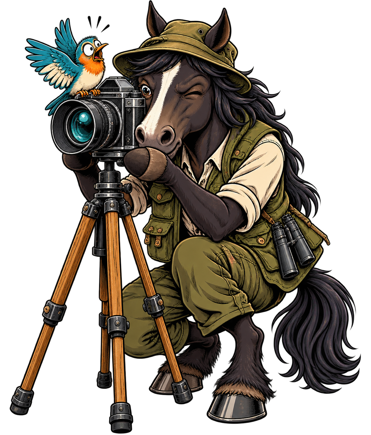 Motiv: Tierfotograf-Pferd mit Stativ – Kinder-Pullover – KI-gestaltetes Pferdemotiv