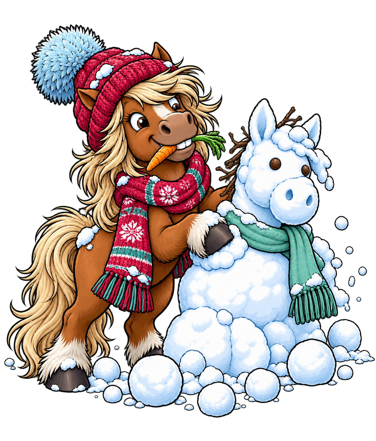 Motiv: Winterpony mit Schneemann – Kinder-Pullover – KI-gestaltetes Pferdemotiv
