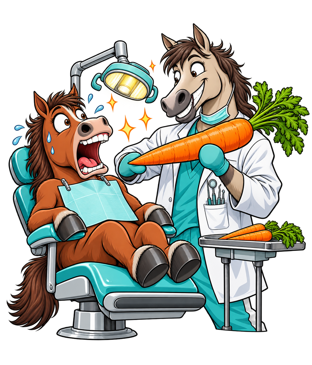 Motiv: Zahnarzt-Pferd mit Möhre – Kleinkind-T-Shirt – KI-gestaltetes Pferdemotiv