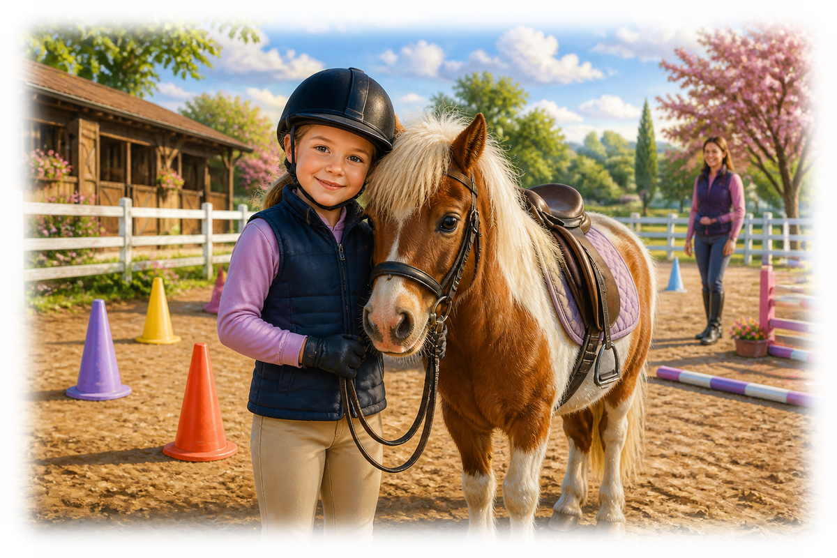 Motiv: Meine erste Reitstunde – Hoodie – KI-gestaltetes Pferdemotiv