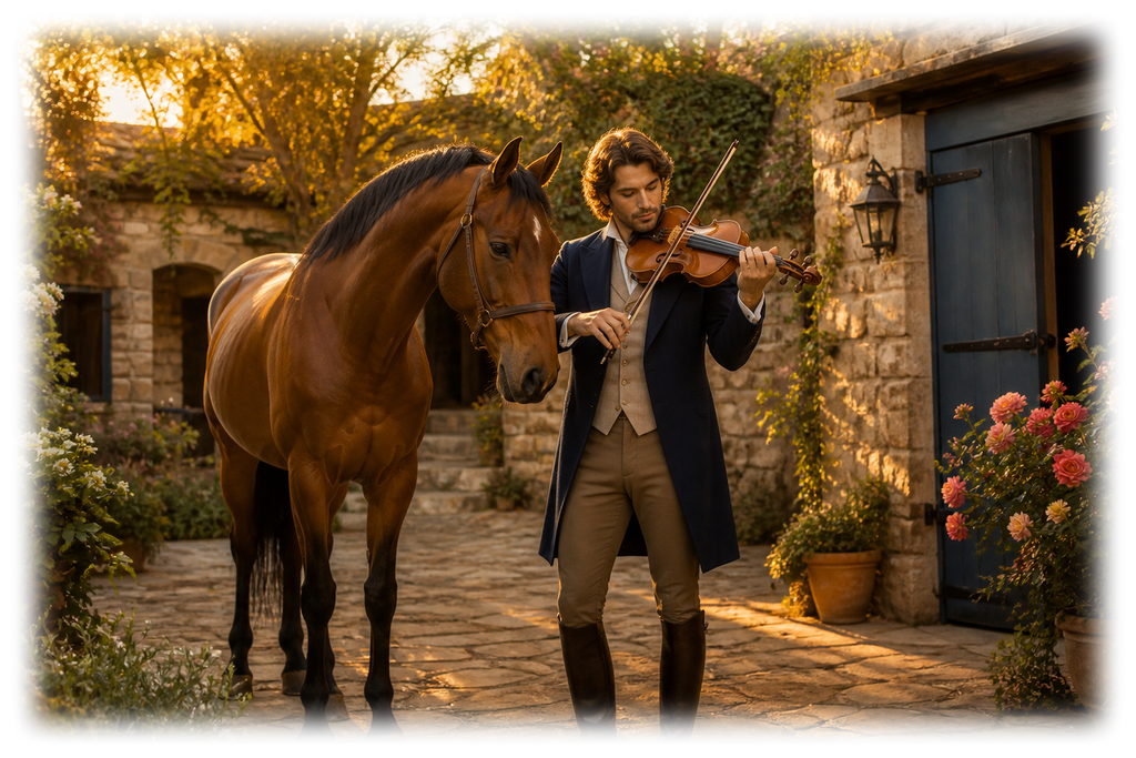 Motiv: Pferd und Violine – Hoodie – KI-gestaltetes Pferdemotiv