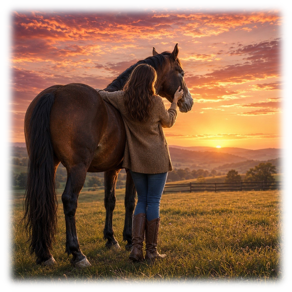Motiv: Abendsonne auf der Weide – Poster – KI-gestaltetes Pferdemotiv