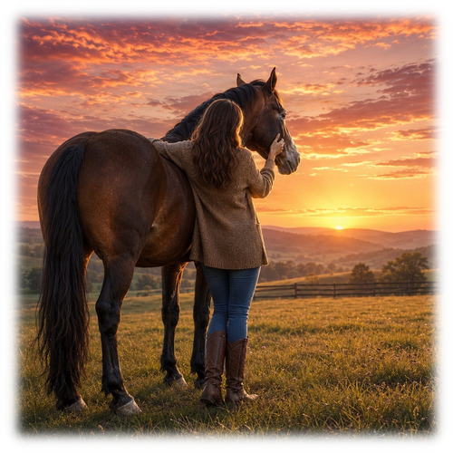 Motiv: Abendsonne auf der Weide – Pullover – KI-gestaltetes Pferdemotiv