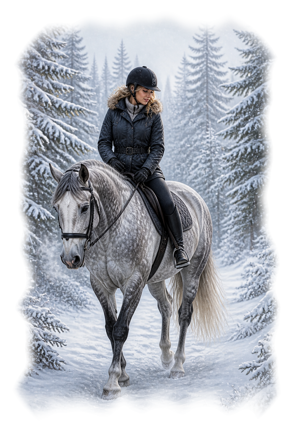 Motiv: Reiterin im Schneewald – Hoodie – KI-gestaltetes Pferdemotiv
