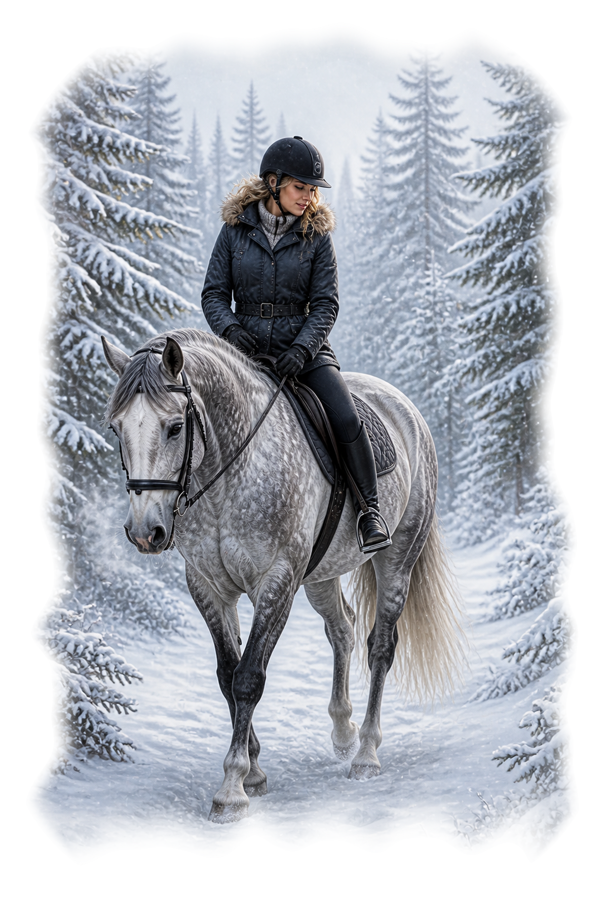Motiv: Reiterin im Schneewald – Hoodie – KI-gestaltetes Pferdemotiv
