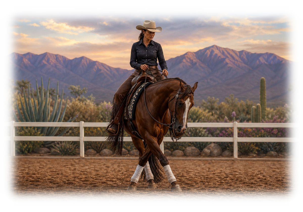 Motiv: Cowgirl und ihr Pferd – Pullover – KI-gestaltetes Pferdemotiv