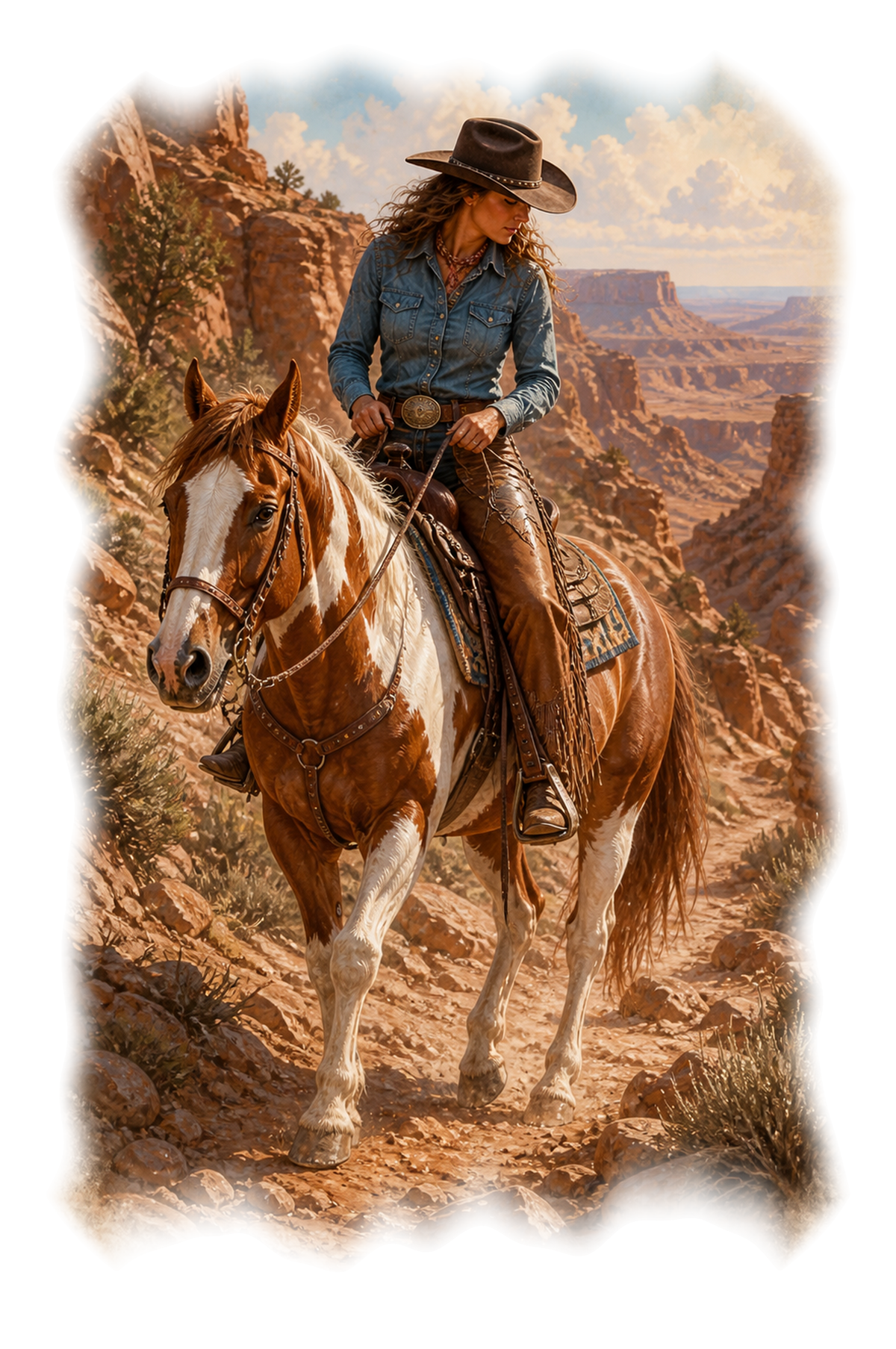 Motiv: Mit dem Paint Horse durch den Canyon – T-Shirt – KI-gestaltetes Pferdemotiv
