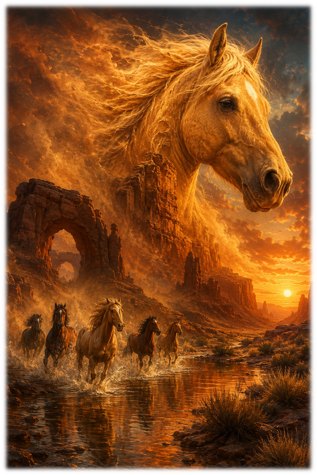 Motiv: Canyonfluss der Mustangs – Pullover – KI-gestaltetes Pferdemotiv