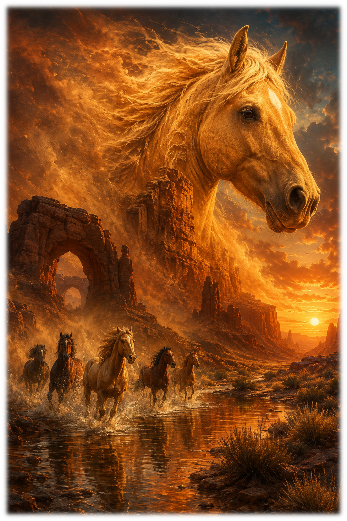 Motiv: Canyonfluss der Mustangs – Hoodie – KI-gestaltetes Pferdemotiv