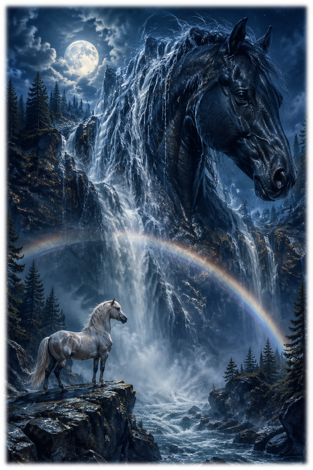 Motiv: Mondbogen am Wasserfall – T-Shirt – KI-gestaltetes Pferdemotiv
