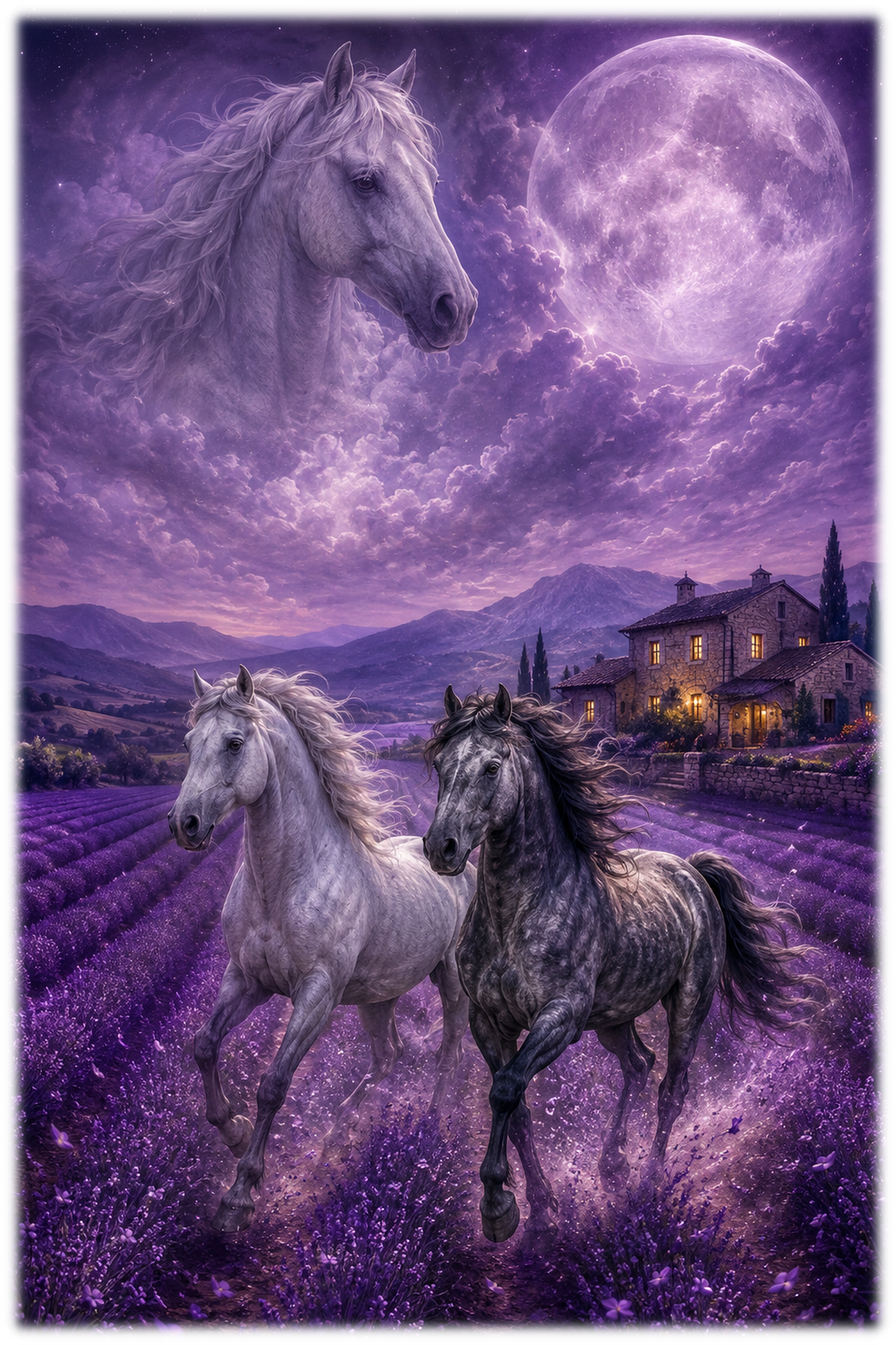 Motiv: Lavendelmond in violetter Nacht – T-Shirt – KI-gestaltetes Pferdemotiv