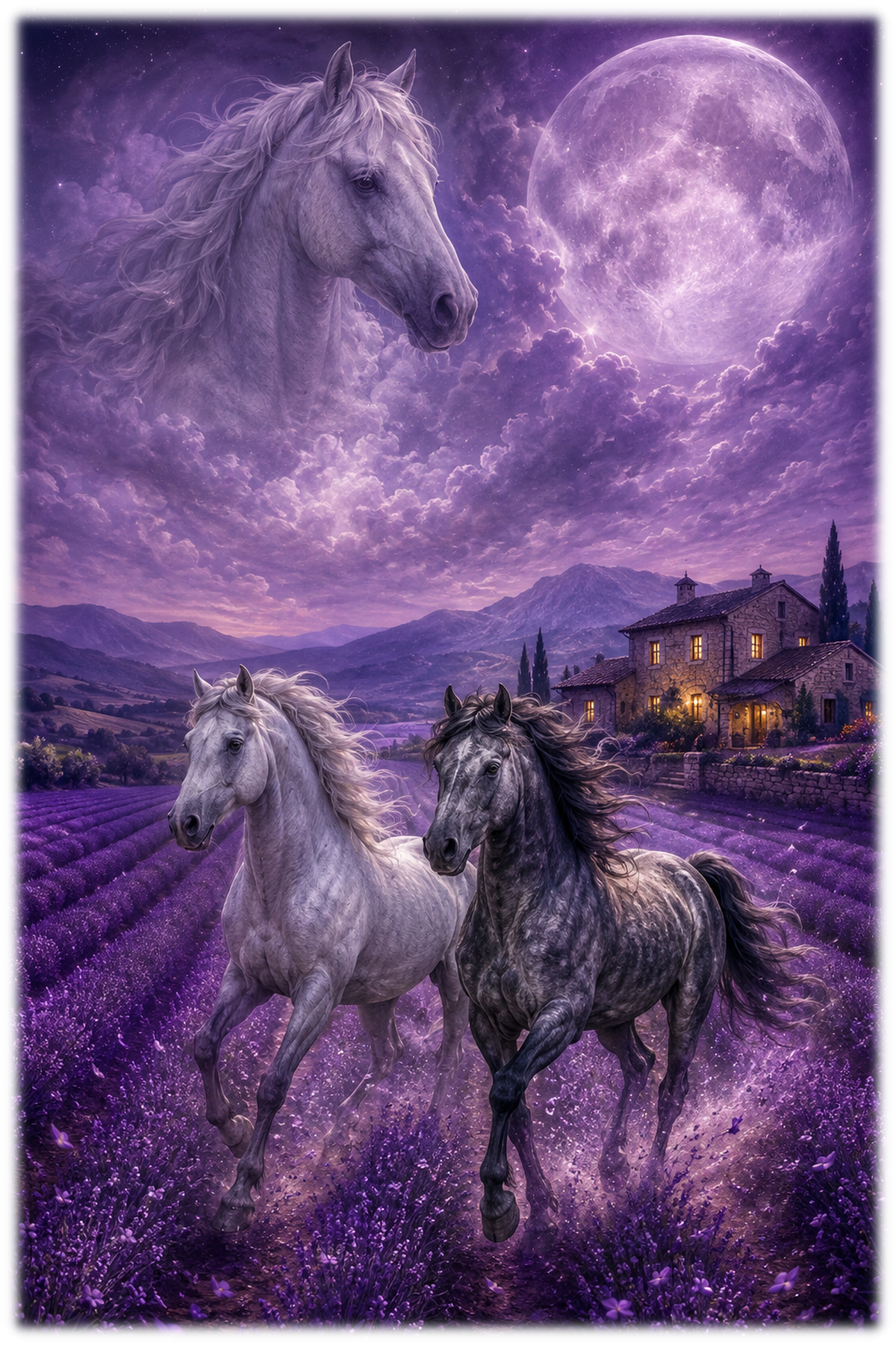 Motiv: Lavendelmond in violetter Nacht – Hoodie – KI-gestaltetes Pferdemotiv