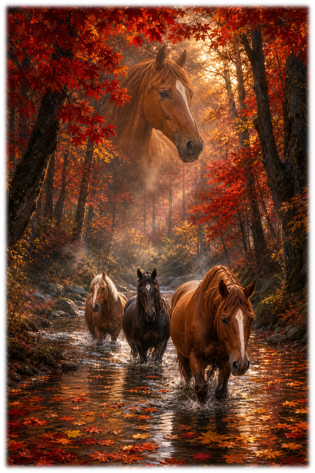 Motiv: Ahornfluss im Herbstwald – Hoodie – KI-gestaltetes Pferdemotiv
