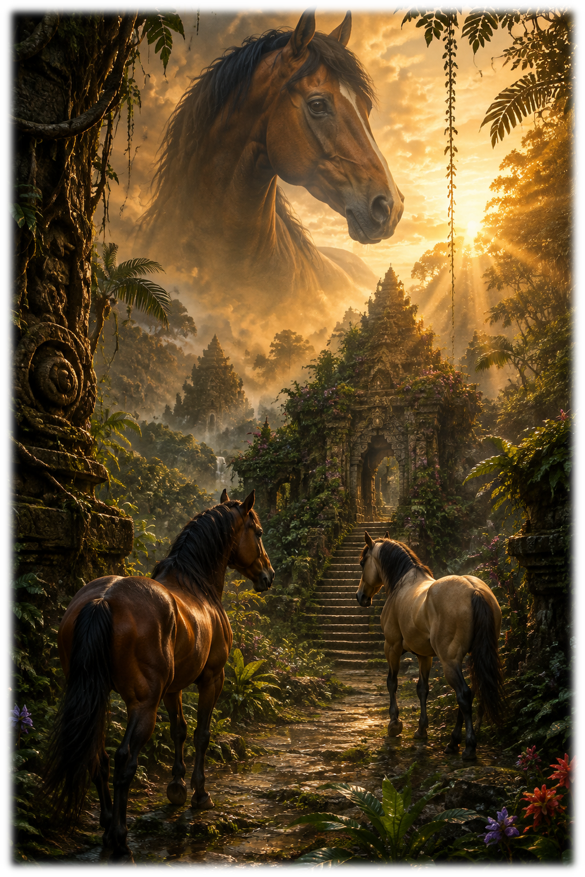 Motiv: Dschungeltempel im Goldlicht – T-Shirt – KI-gestaltetes Pferdemotiv