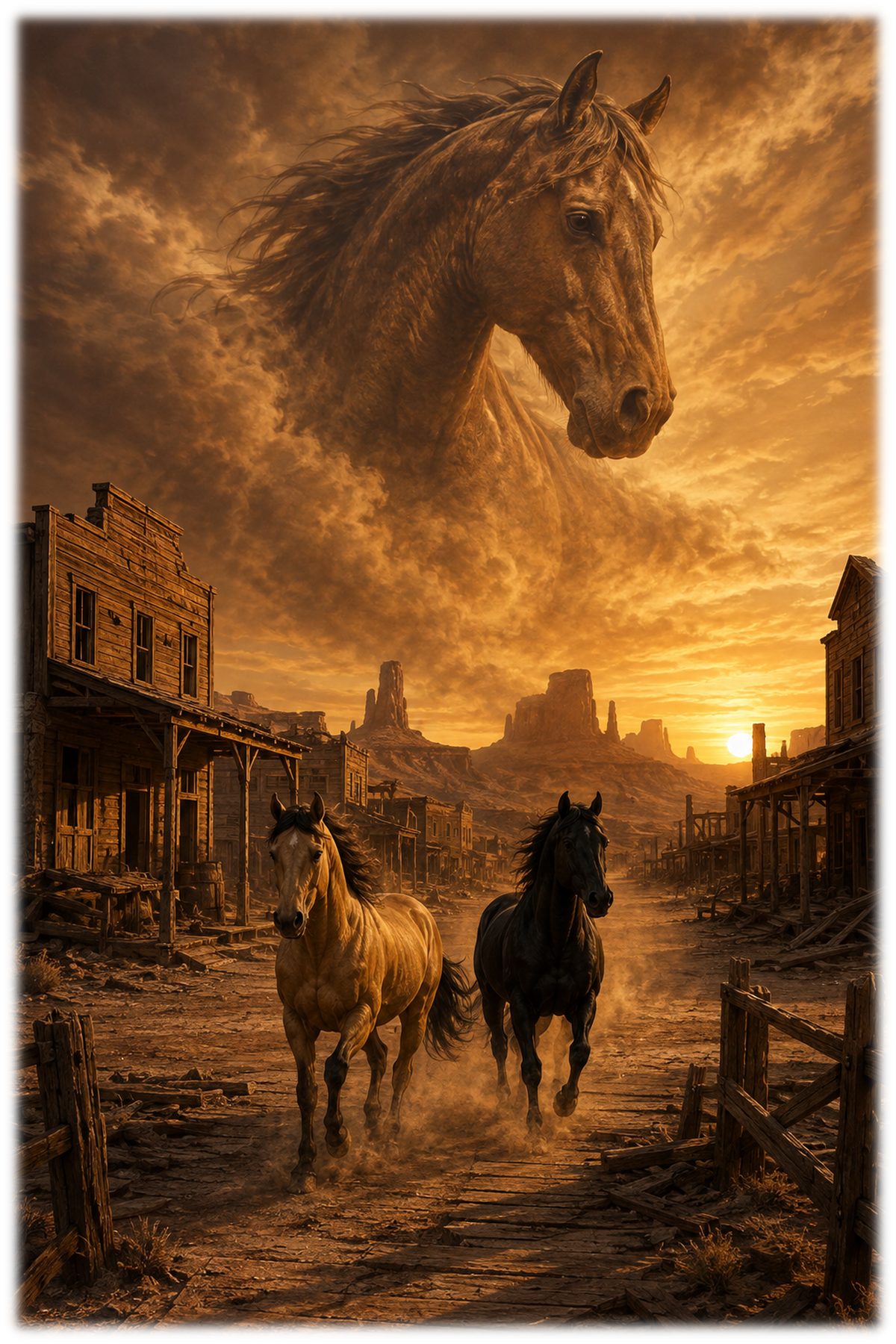 Motiv: Geisterstadt der Mustangs – Tasse – KI-gestaltetes Pferdemotiv
