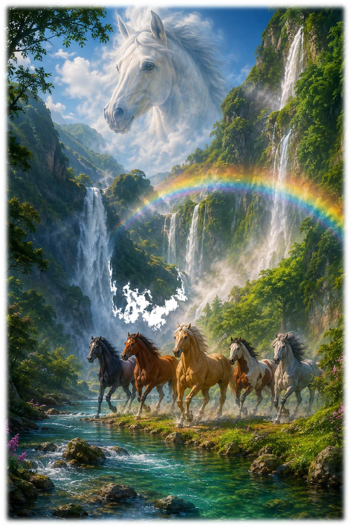 Motiv: Regenbogental der fünf Pferde – T-Shirt – KI-gestaltetes Pferdemotiv