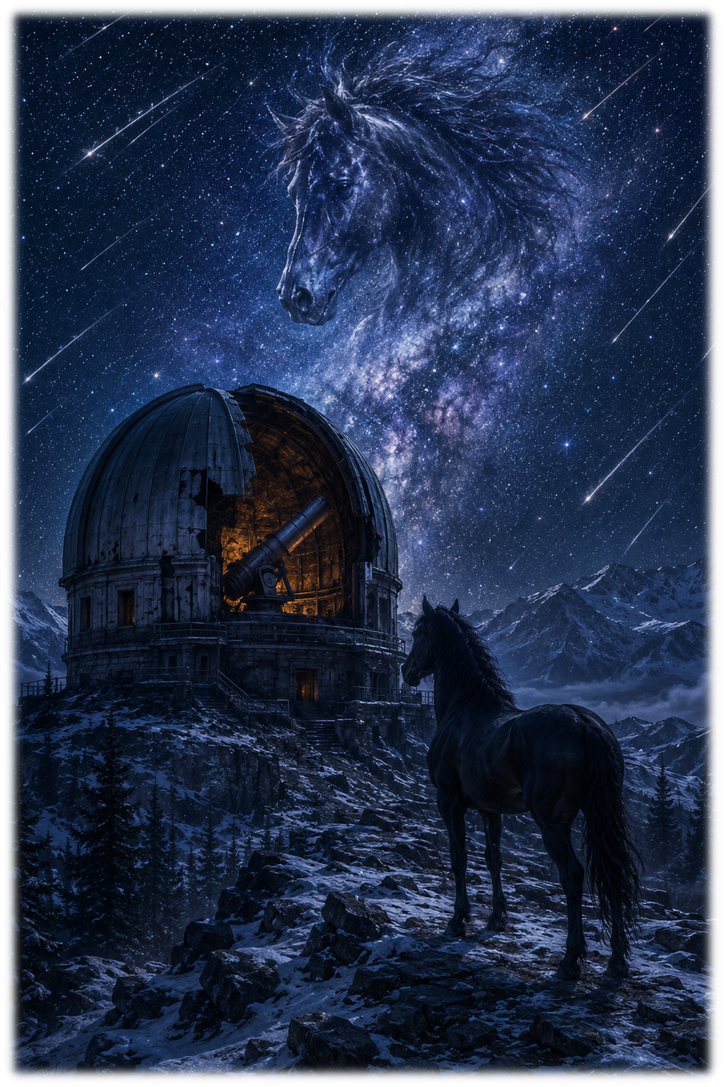 Motiv: Observatorium unter Meteoren – Pullover – KI-gestaltetes Pferdemotiv