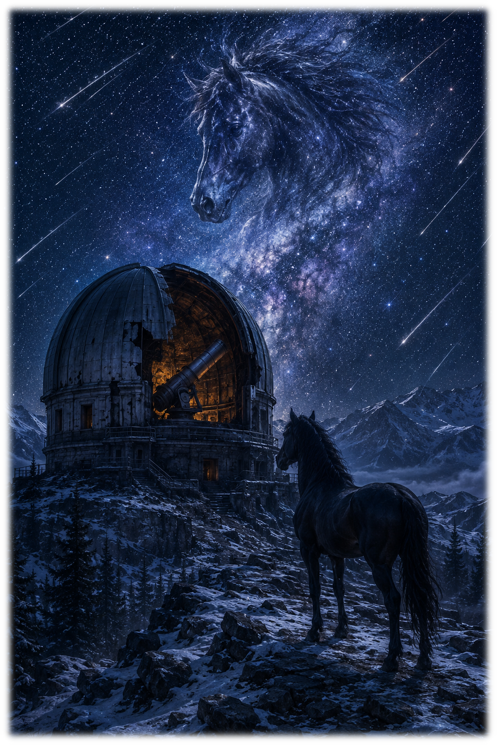 Motiv: Observatorium unter Meteoren – Hoodie – KI-gestaltetes Pferdemotiv