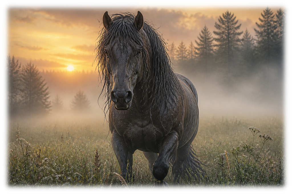 Motiv: Nebelmorgen auf der Wiese – Hoodie – KI-gestaltetes Pferdemotiv