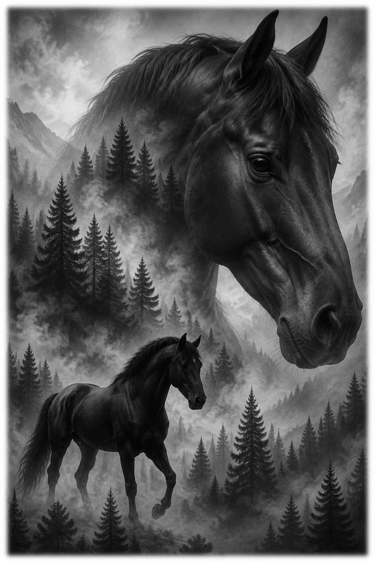 Motiv: Pferd im Nebelwald – T-Shirt – KI-gestaltetes Pferdemotiv