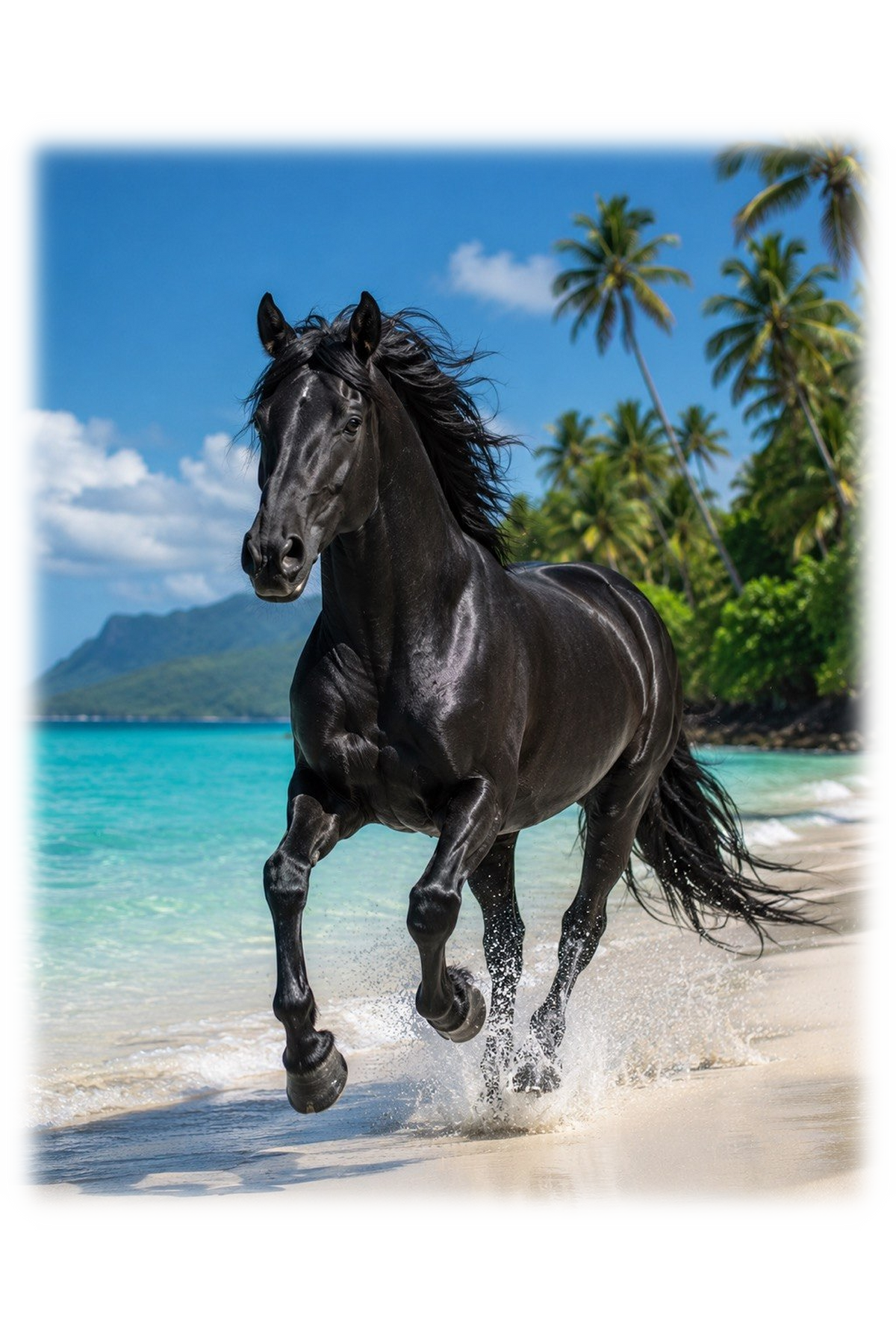 Motiv: Galopp am Palmenstrand – Reisebecher – KI-gestaltetes Pferdemotiv