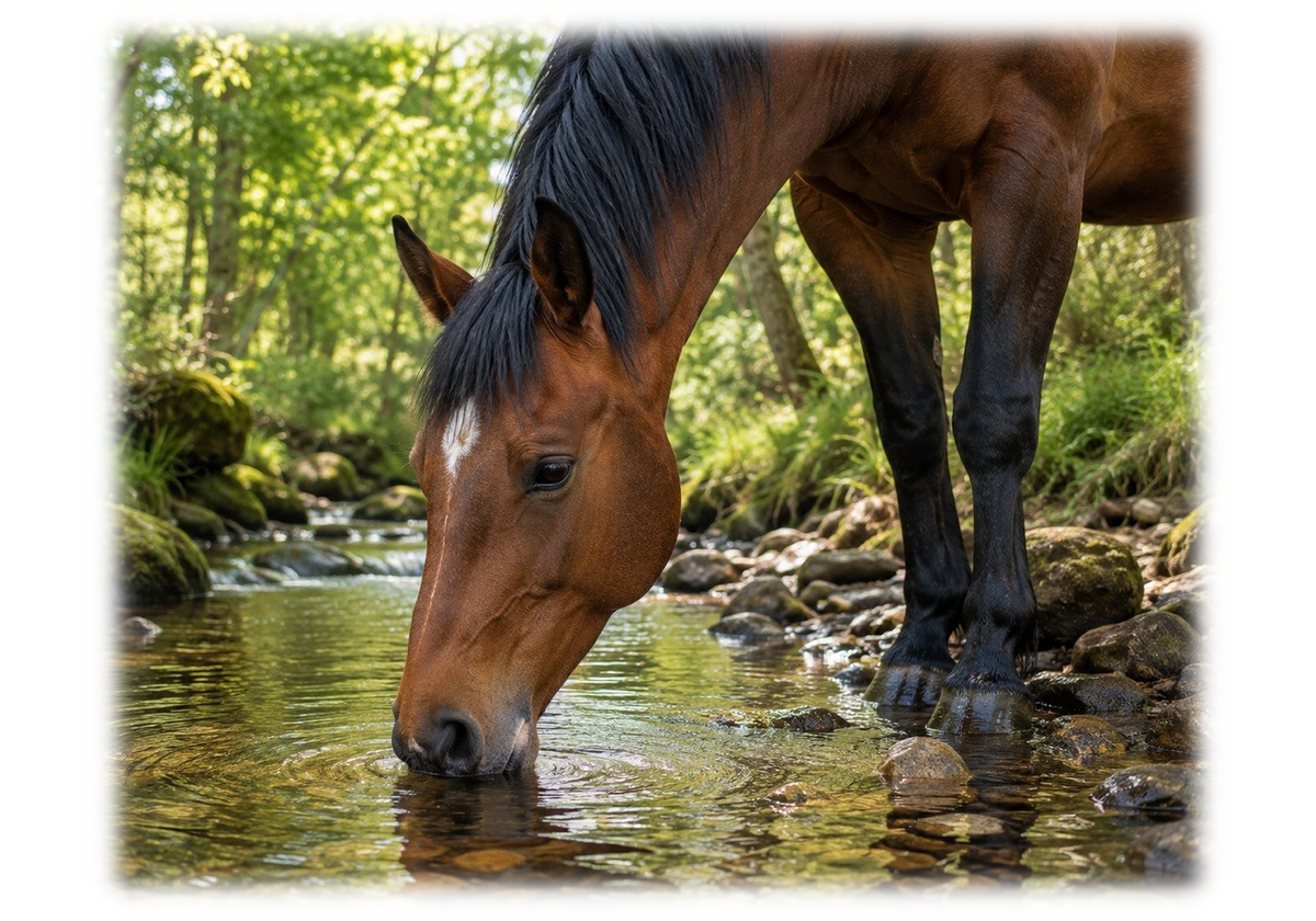 Motiv: Trinken am Waldbach – Pullover – KI-gestaltetes Pferdemotiv