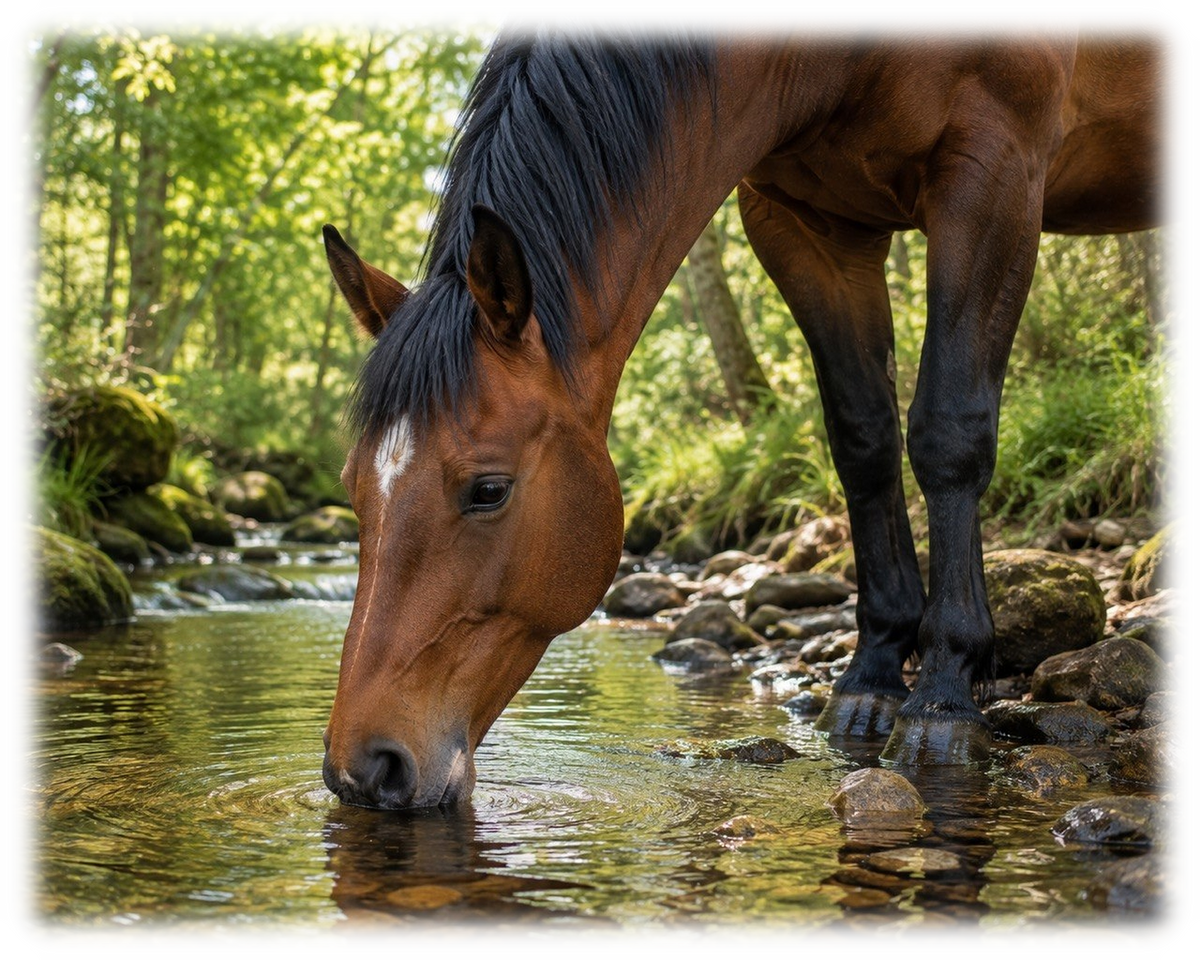 Motiv: Trinken am Waldbach – Hoodie – KI-gestaltetes Pferdemotiv