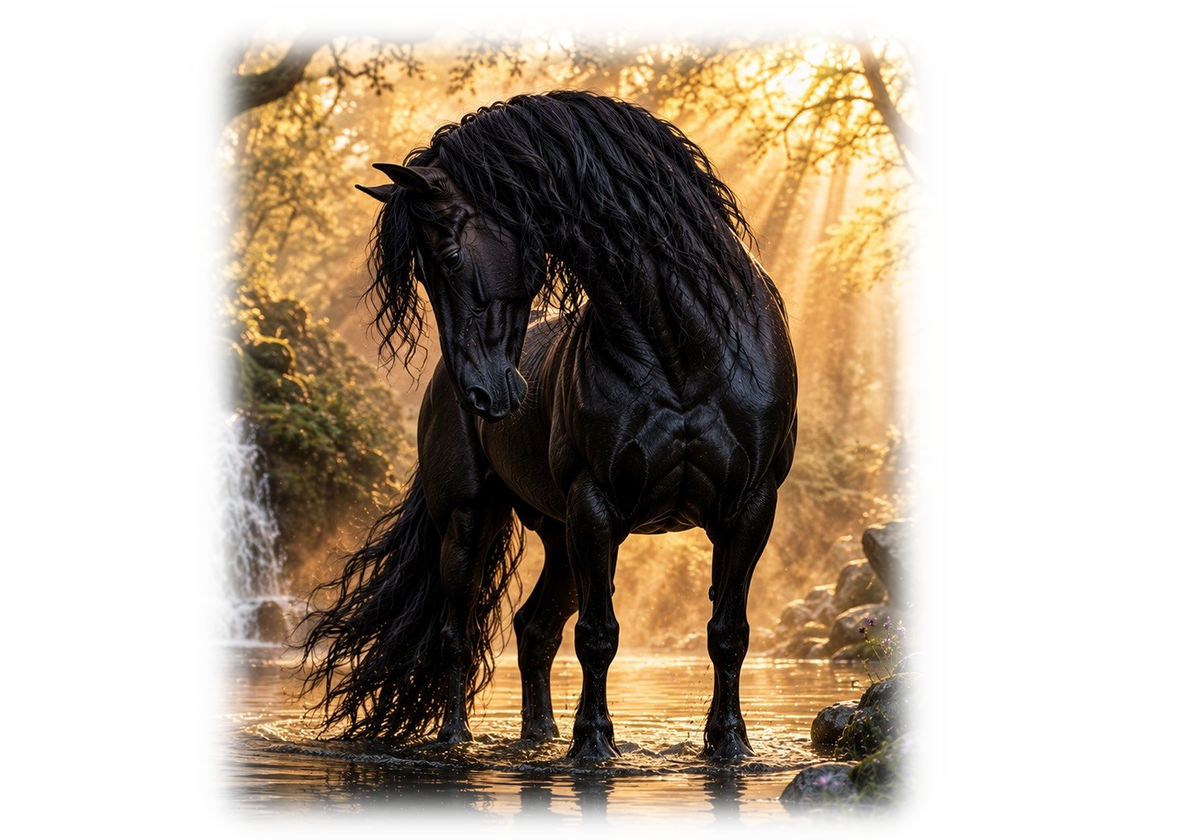 Motiv: Friese am Wasserfall – Pullover – KI-gestaltetes Pferdemotiv